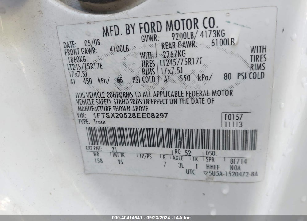 2008 FORD F-250 LARIAT/XL/XLT VIN: 1FTSX20528EE08297