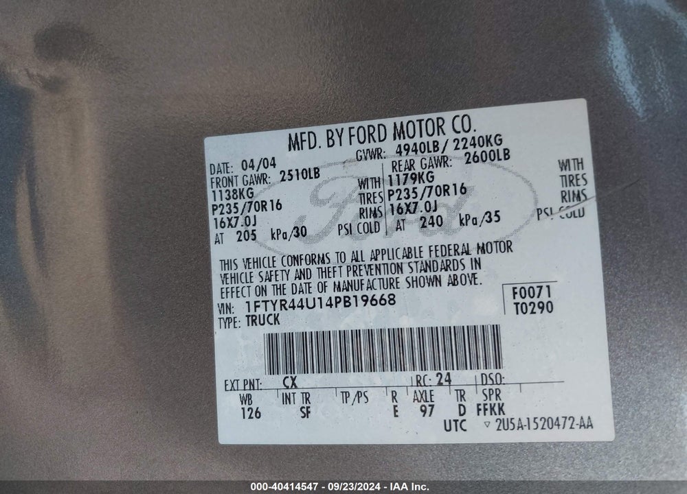 2004 FORD RANGER EDGE/TREMOR/XLT VIN: 1FTYR44U14PB19668