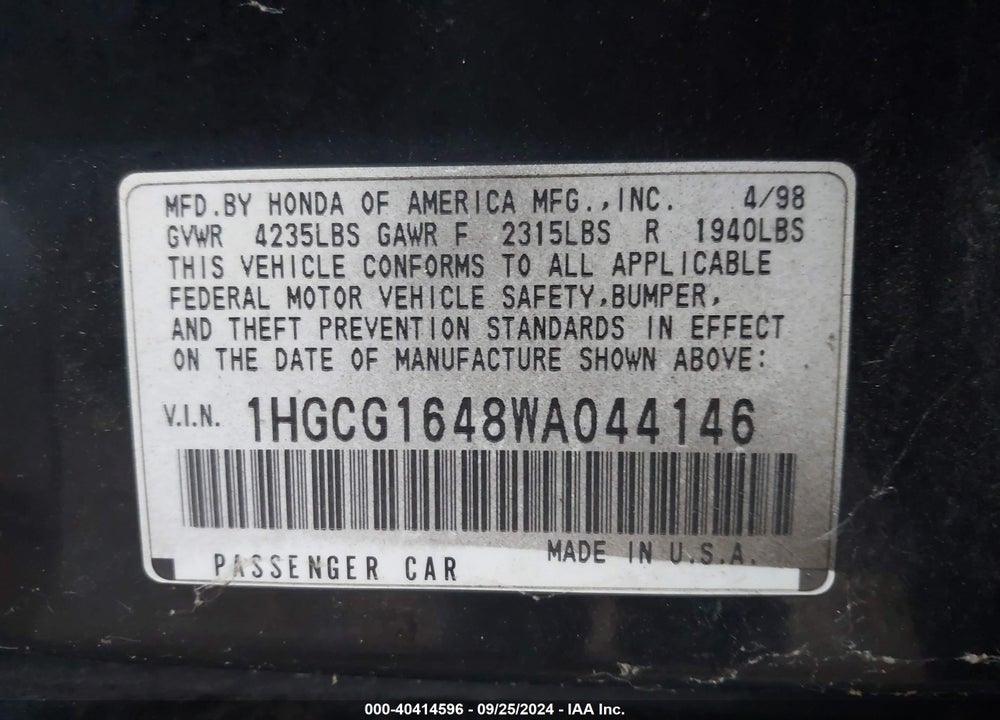1998 HONDA ACCORD LX V6 VIN: 1HGCG1648WA044146