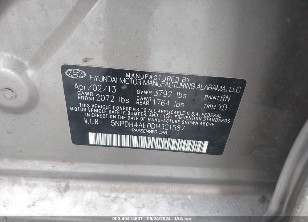 2013 HYUNDAI ELANTRA GLS VIN: 5NPDH4AE0DH321587