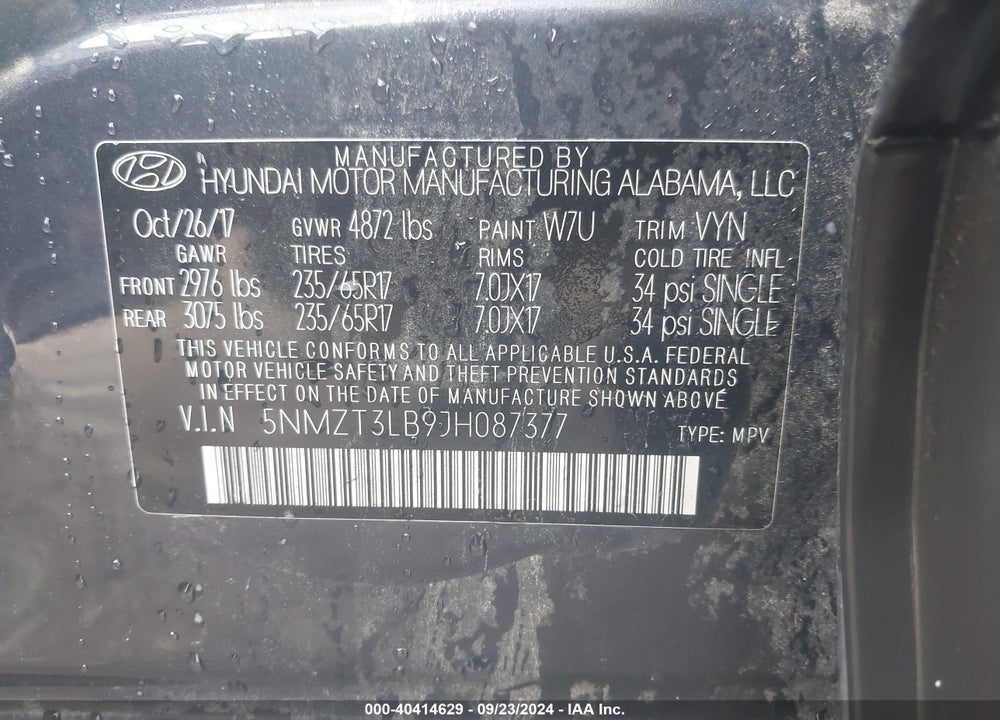 2018 HYUNDAI SANTA FE SPORT 2.4L VIN: 5NMZT3LB9JH087377