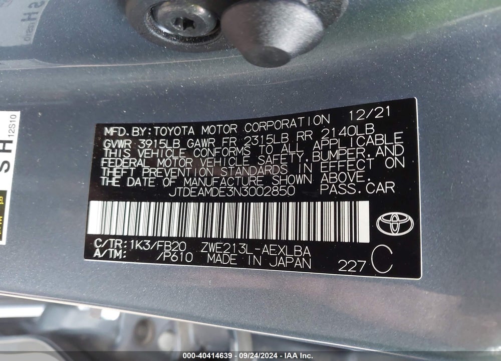2022 TOYOTA COROLLA HYBRID LE VIN: JTDEAMDE3N3002850