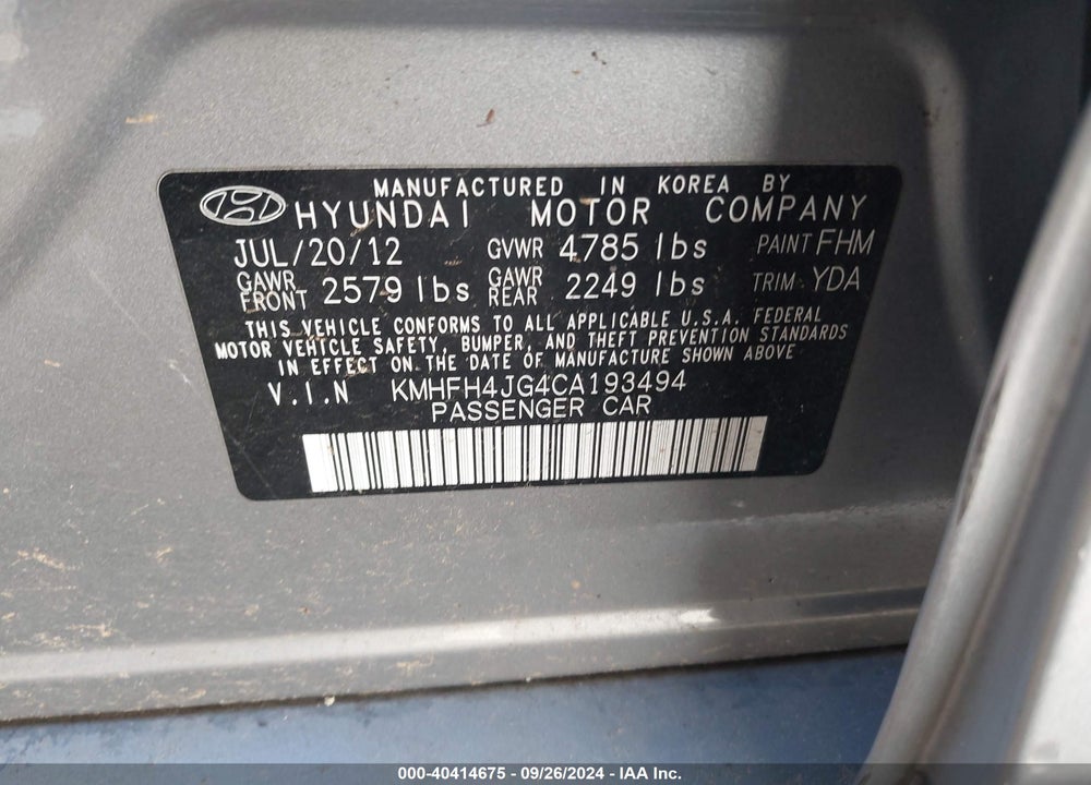 2012 HYUNDAI AZERA VIN: KMHFH4JG4CA193494