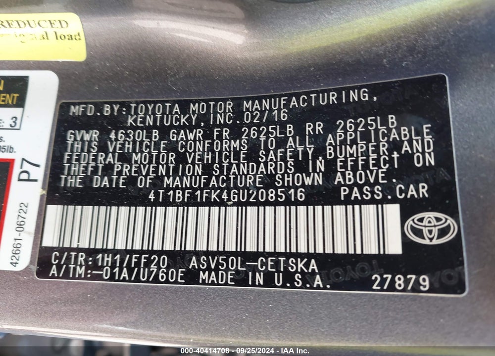 2016 TOYOTA CAMRY SE VIN: 4T1BF1FK4GU208516