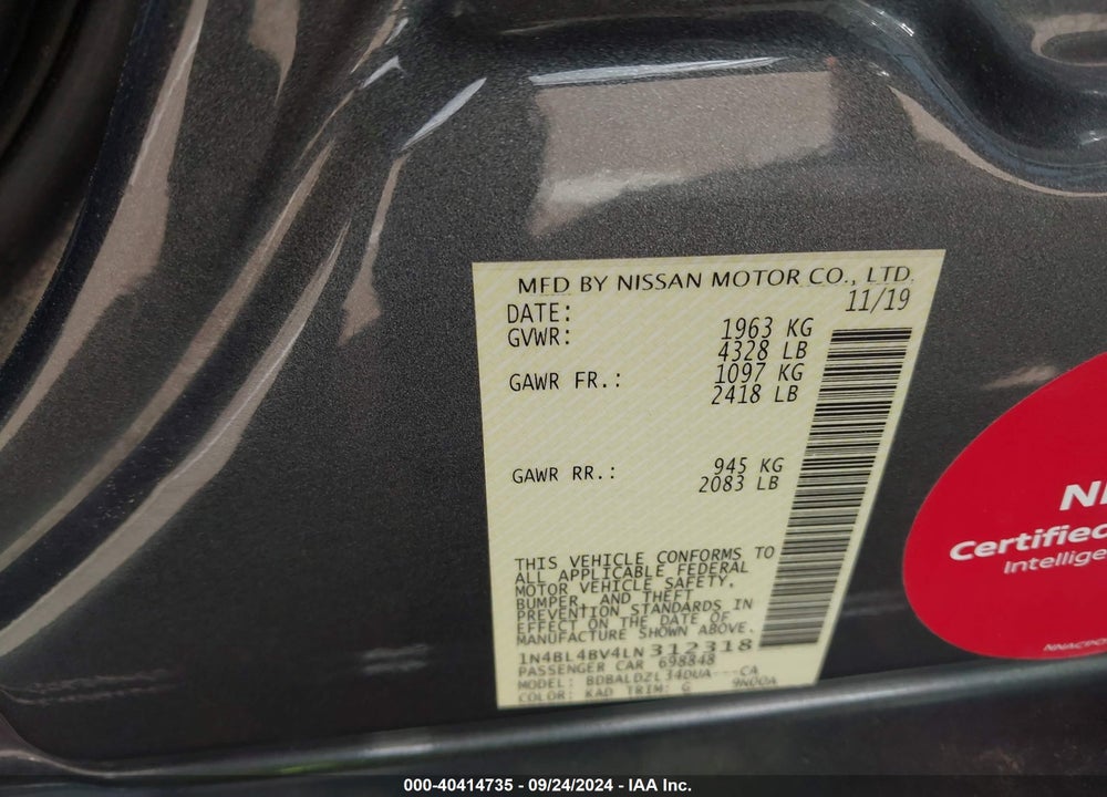 2020 NISSAN ALTIMA S FWD VIN: 1N4BL4BV4LN312318