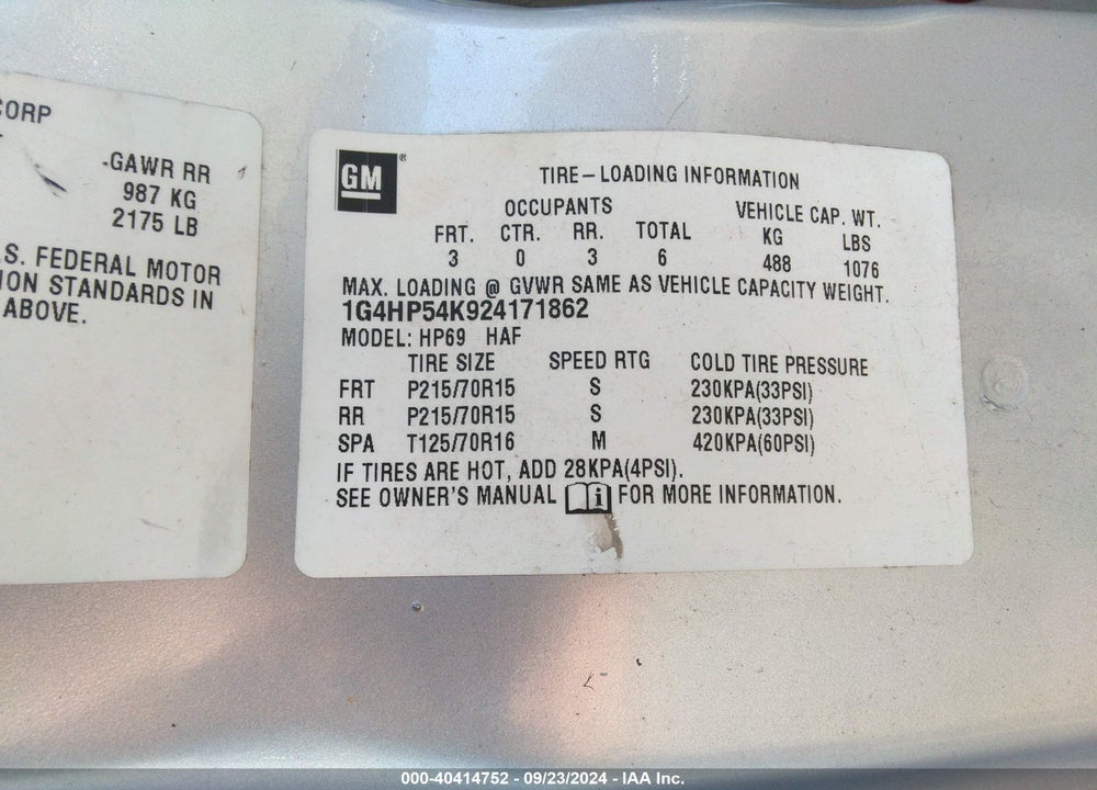 2002 BUICK LESABRE CUSTOM VIN: 1G4HP54K924171862