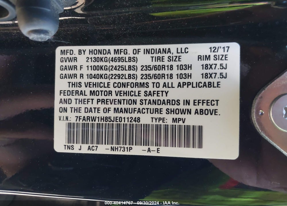 2018 HONDA CR-V EX-L/EX-L NAVI VIN: 7FARW1H85JE011248