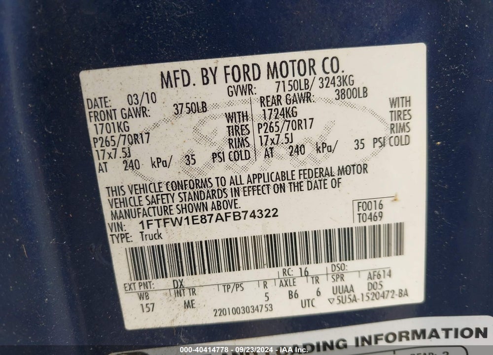 2010 FORD F-150 XL/XLT VIN: 1FTFW1E87AFB74322