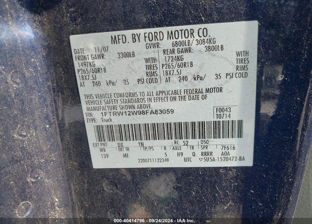 2008 FORD F-150 60TH ANNIVERSARY/FX2/XL/XLT VIN: 1FTRW12W98FA83059