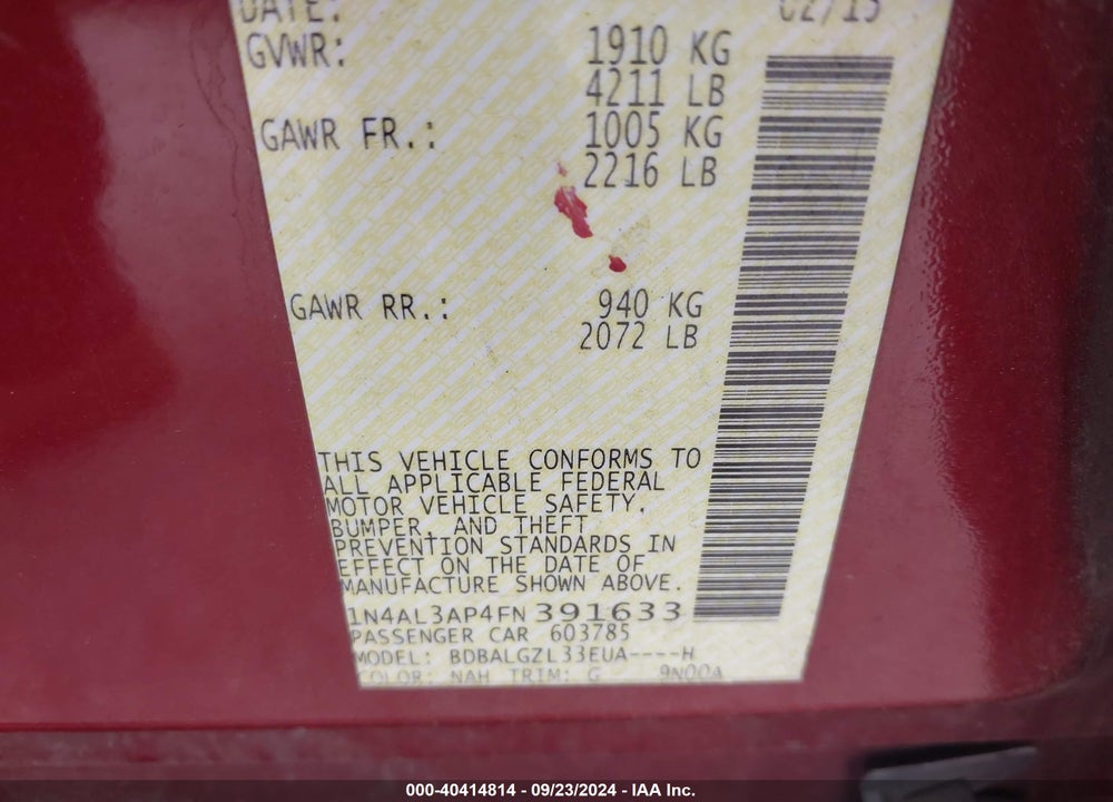 2015 NISSAN ALTIMA 2.5 S VIN: 1N4AL3AP4FN391633