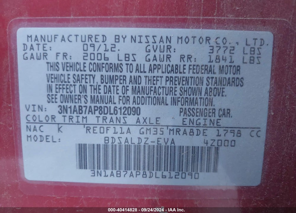 2013 NISSAN SENTRA SV VIN: 3N1AB7AP8DL612090