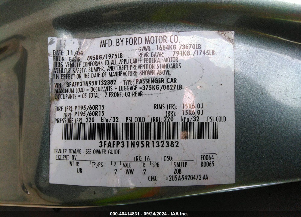 2005 FORD FOCUS VIN: 3FAFP31N95R132382