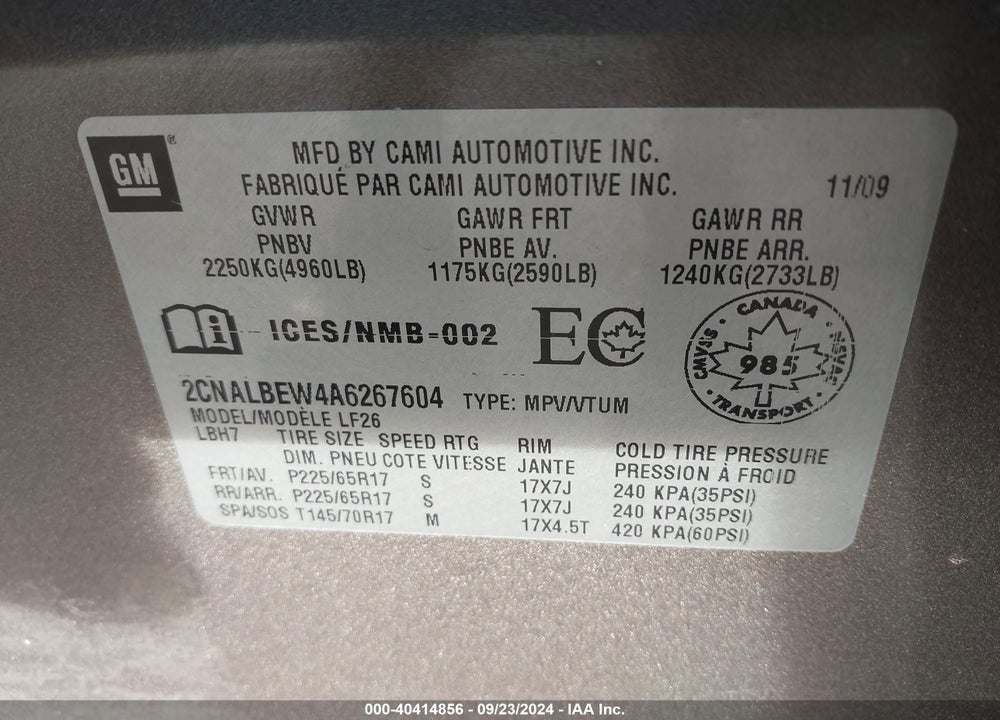 2010 CHEVROLET EQUINOX LS VIN: 2CNALBEW4A6267604