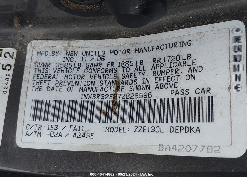 2007 TOYOTA COROLLA CE VIN: 1NXBR32E27Z826596
