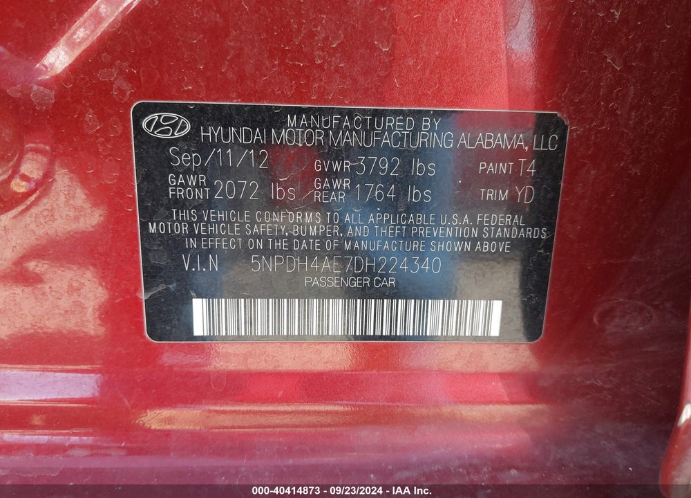 2013 HYUNDAI ELANTRA LIMITED VIN: 5NPDH4AE7DH224340