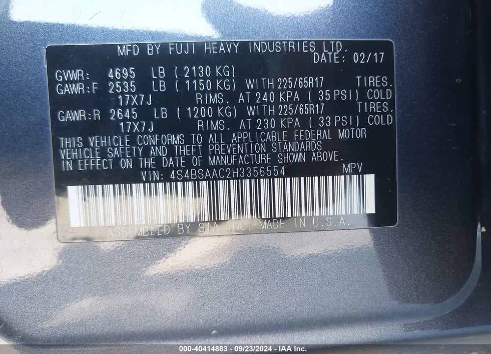2017 SUBARU OUTBACK 2.5I VIN: 4S4BSAAC2H3356554