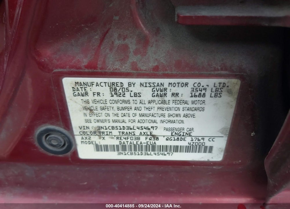 2006 NISSAN SENTRA 1.8S VIN: 3N1CB51D36L454697
