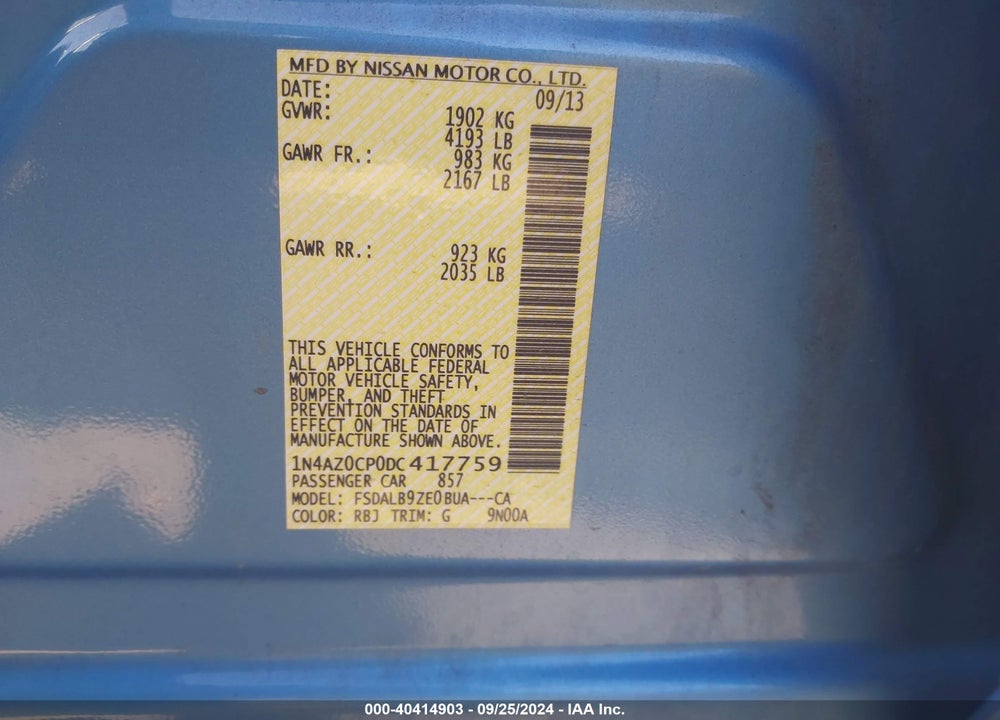 2013 NISSAN LEAF S VIN: 1N4AZ0CP0DC417759
