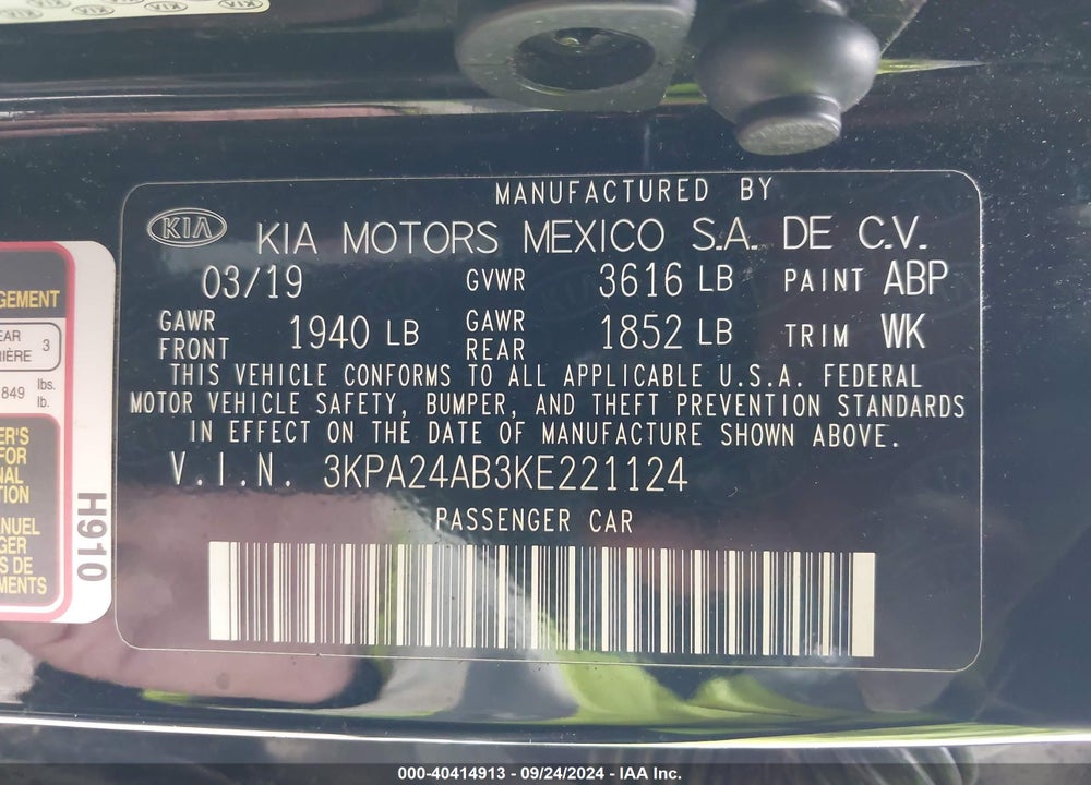 2019 KIA RIO LX VIN: 3KPA24AB3KE221124