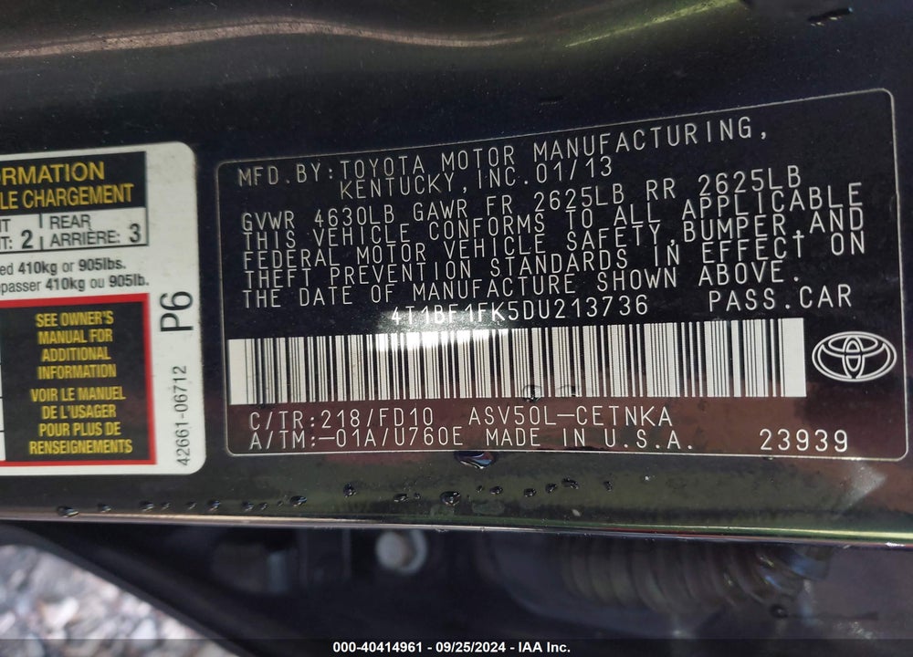 2013 TOYOTA CAMRY LE VIN: 4T1BF1FK5DU213736