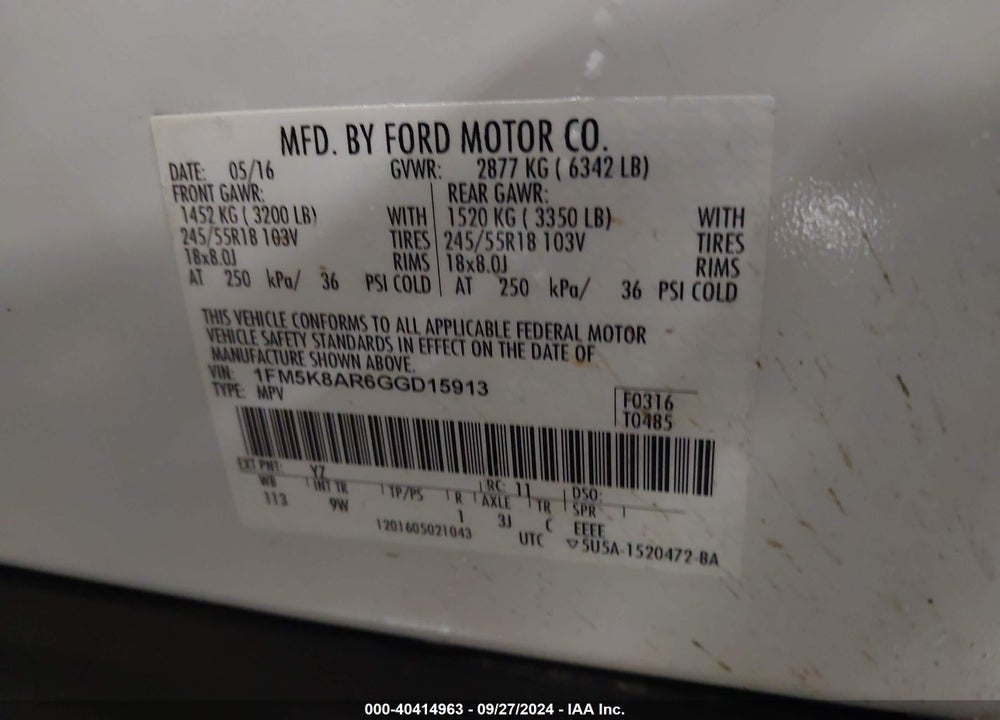2016 FORD UTILITY POLICE INTERCEPTOR VIN: 1FM5K8AR6GGD15913