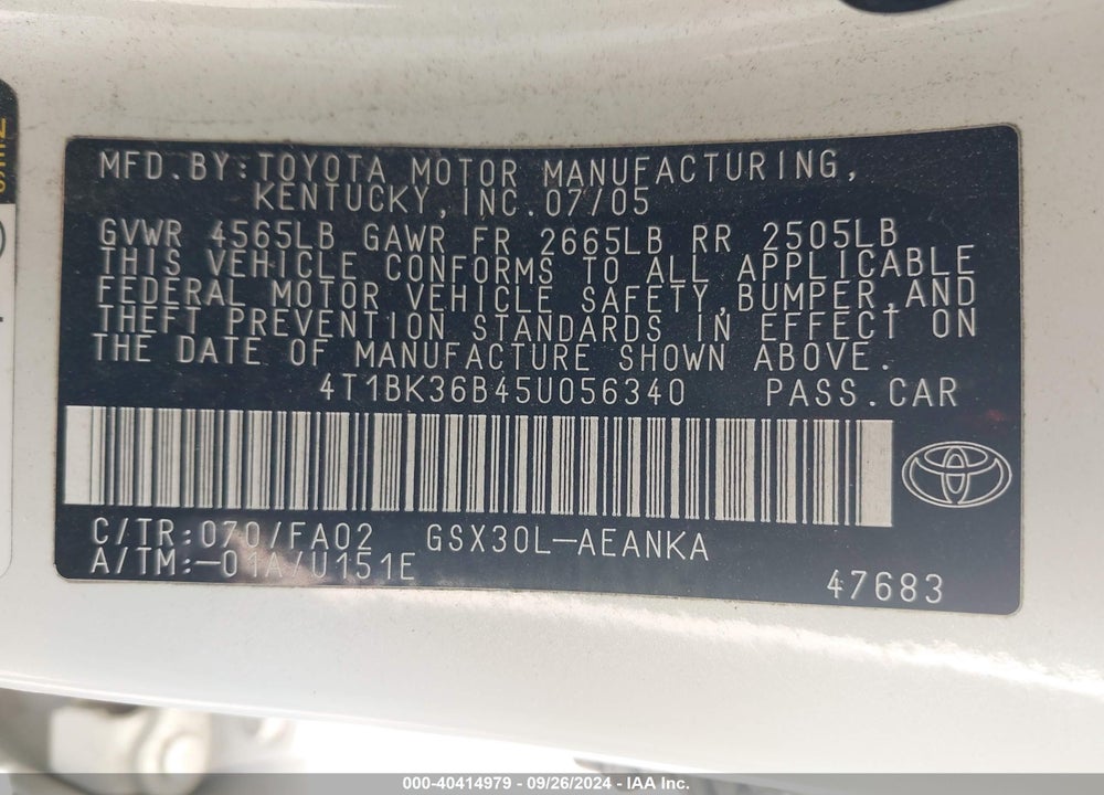 2005 TOYOTA AVALON XL VIN: 4T1BK36B45U056340