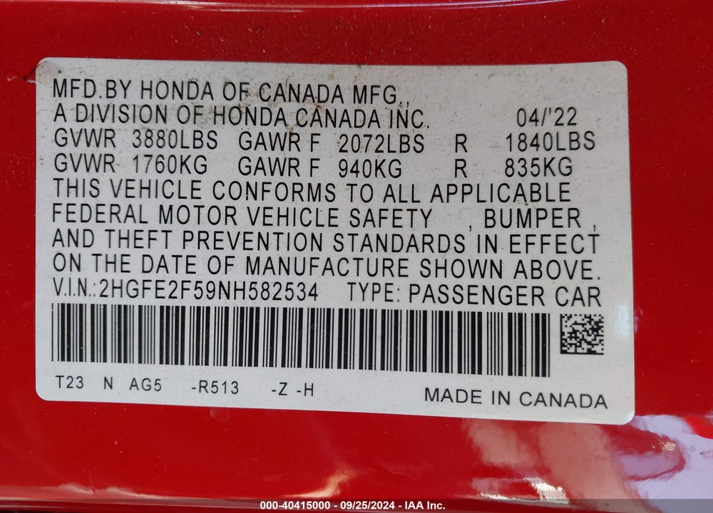 2022 HONDA CIVIC SPORT VIN: 2HGFE2F59NH582534