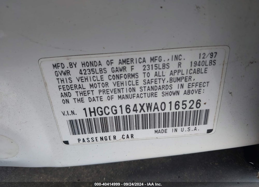 1998 HONDA ACCORD LX V6 VIN: 1HGCG164XWA016526