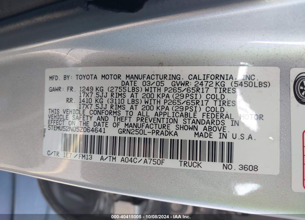 2005 TOYOTA TACOMA BASE V6 VIN: 5TEMU52N05Z064641