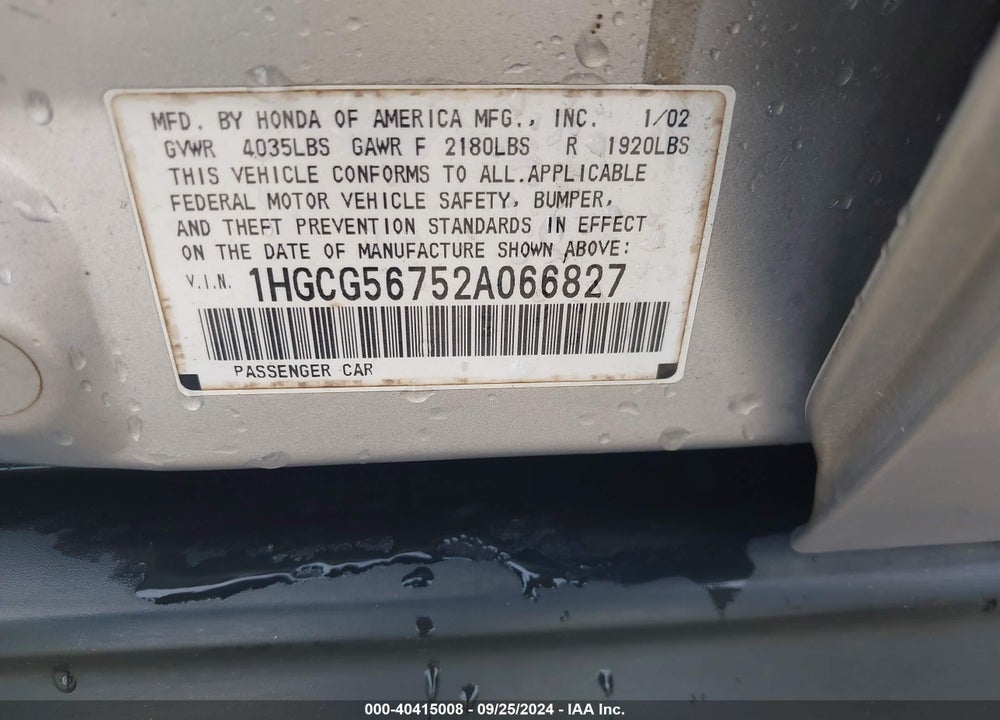 2002 HONDA ACCORD 2.3 SE VIN: 1HGCG56752A066827