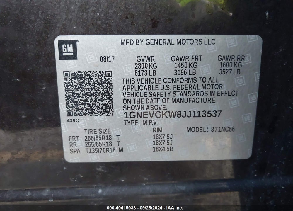 2018 CHEVROLET TRAVERSE 1LT VIN: 1GNEVGKW8JJ113537