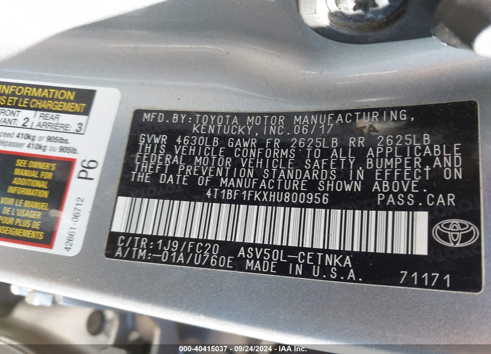 2017 TOYOTA CAMRY LE VIN: 4T1BF1FKXHU800956