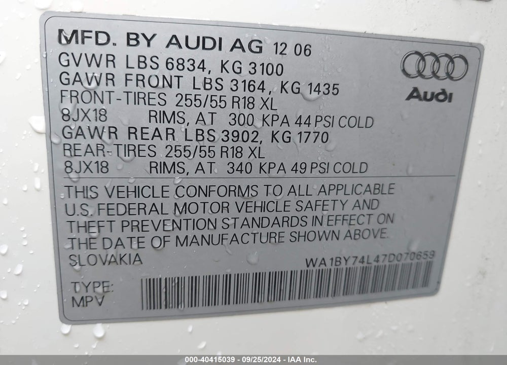 2007 AUDI Q7 3.6 PREMIUM VIN: WA1BY74L47D070659