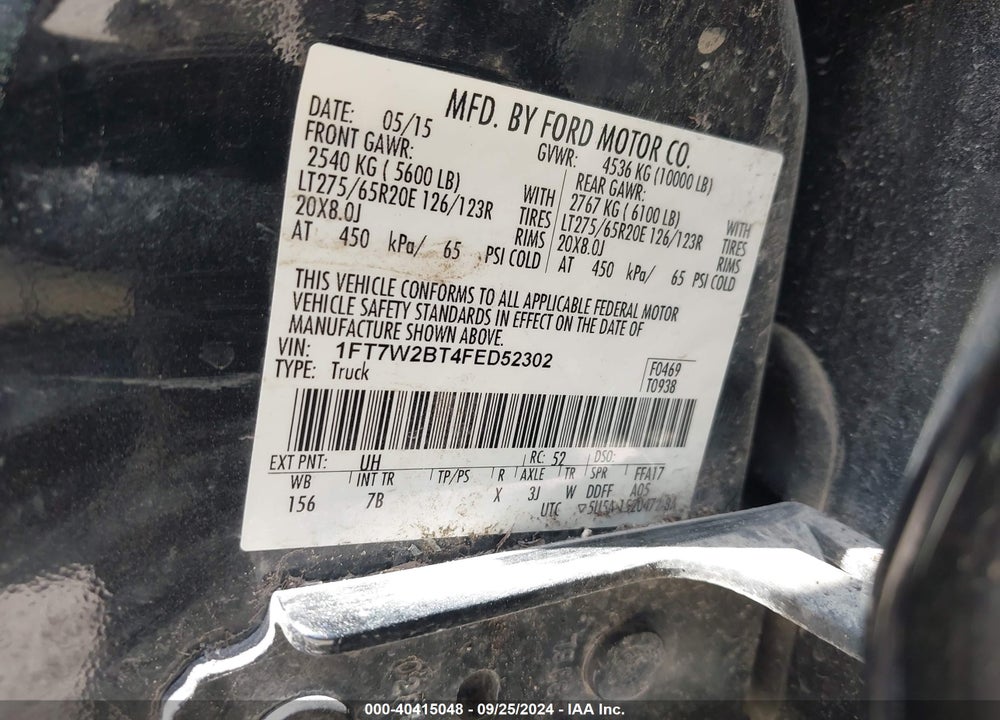 2015 FORD F-250 LARIAT VIN: 1FT7W2BT4FED52302