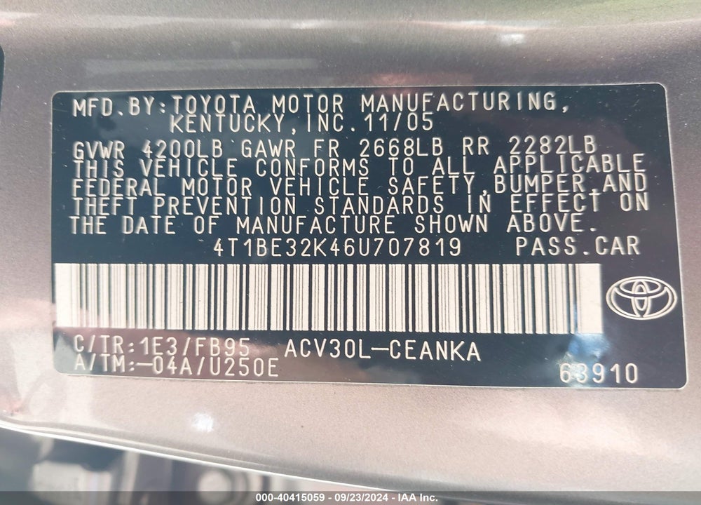 2006 TOYOTA CAMRY STD/ VIN: 4T1BE32K46U707819