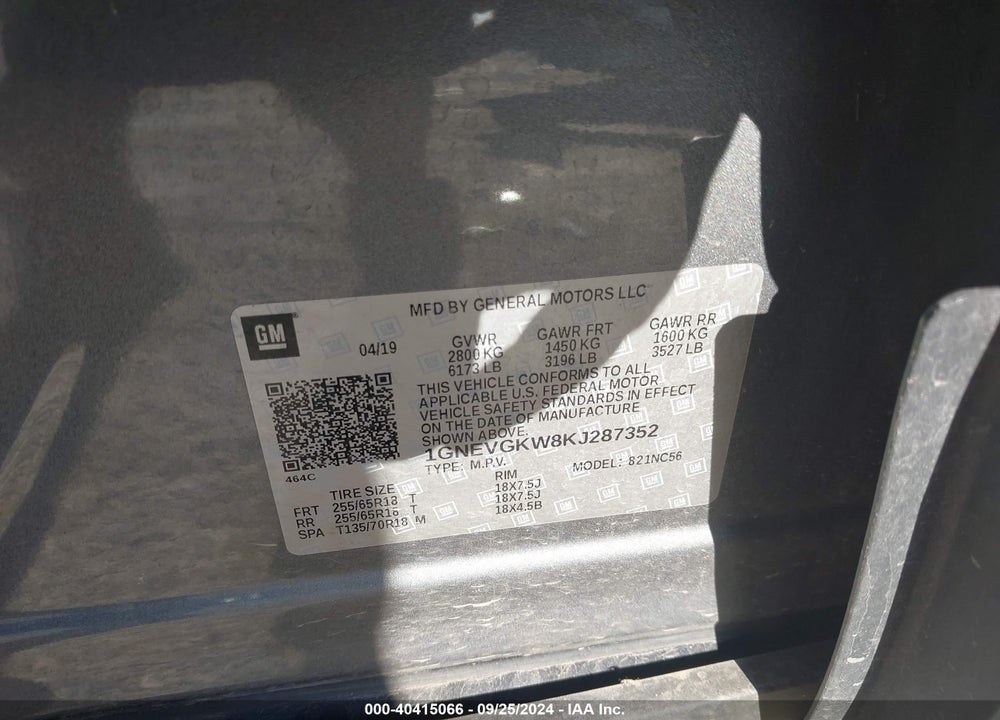 2019 CHEVROLET TRAVERSE 1LT VIN: 1GNEVGKW8KJ287352