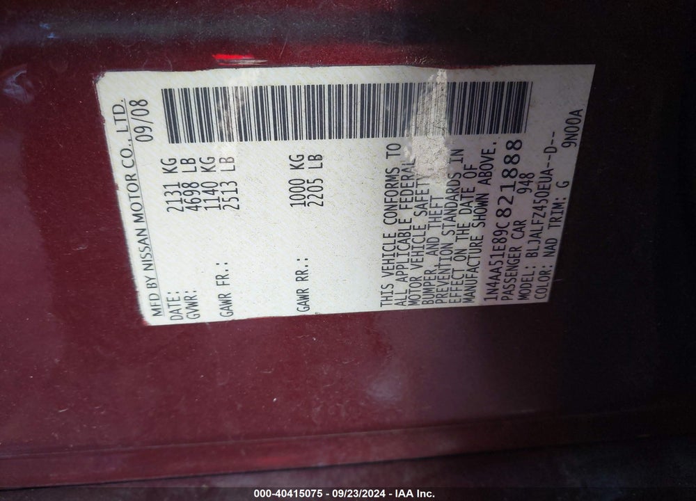 2009 NISSAN MAXIMA 3.5 SV VIN: 1N4AA51E89C821888
