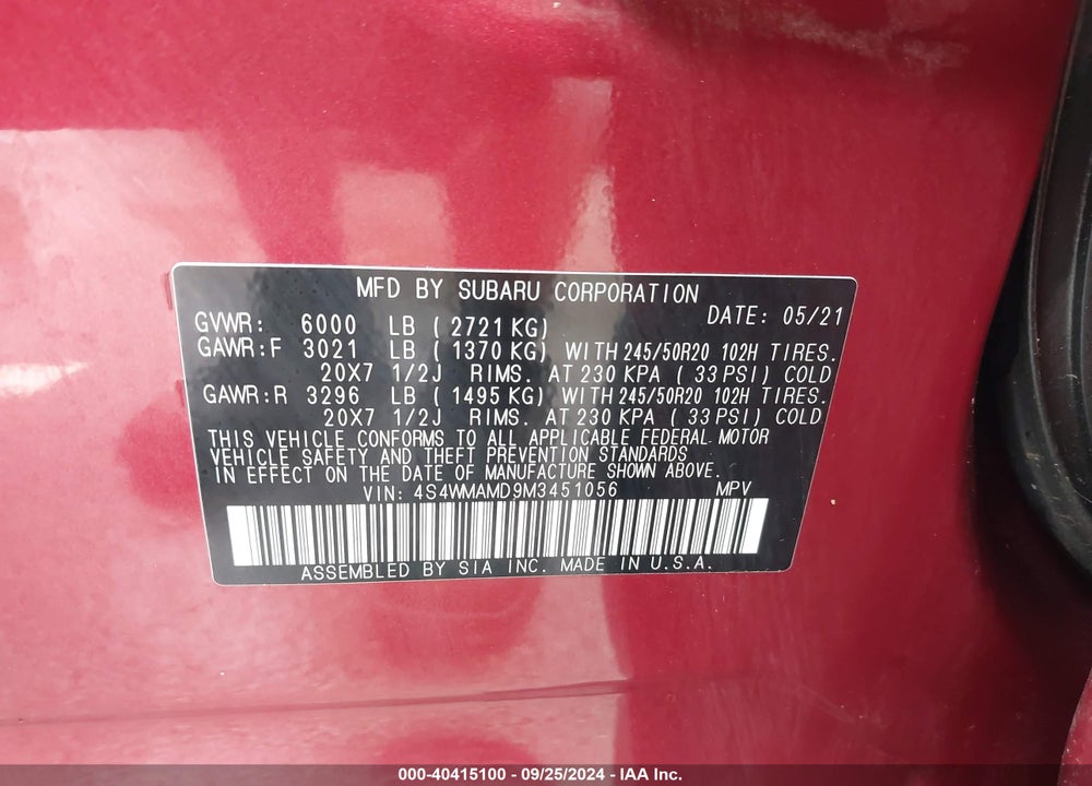 2021 SUBARU ASCENT VIN: 4S4WMAMD9M3451056