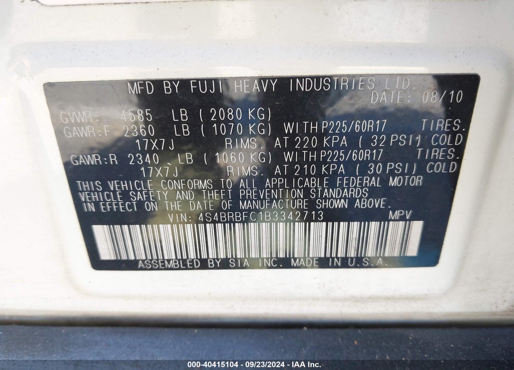 2011 SUBARU OUTBACK 2.5I PREMIUM VIN: 4S4BRBFC1B3342713