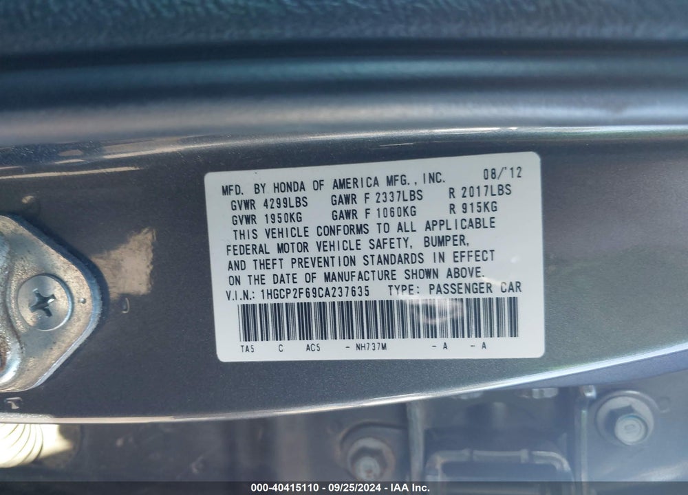 2012 HONDA ACCORD 2.4 SE VIN: 1HGCP2F69CA237635