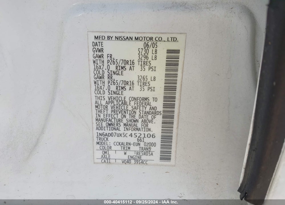 2005 NISSAN FRONTIER SE VIN: 1N6AD07UX5C452106