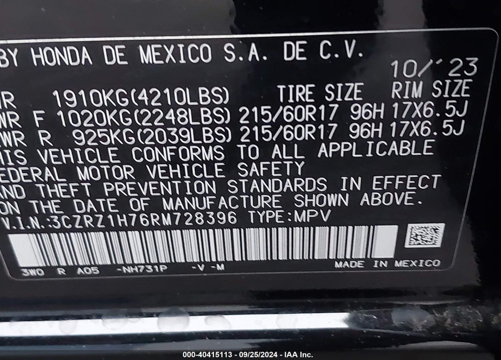 2024 HONDA HR-V 2WD EX-L/2WD EX-L W/O BSI VIN: 3CZRZ1H76RM728396