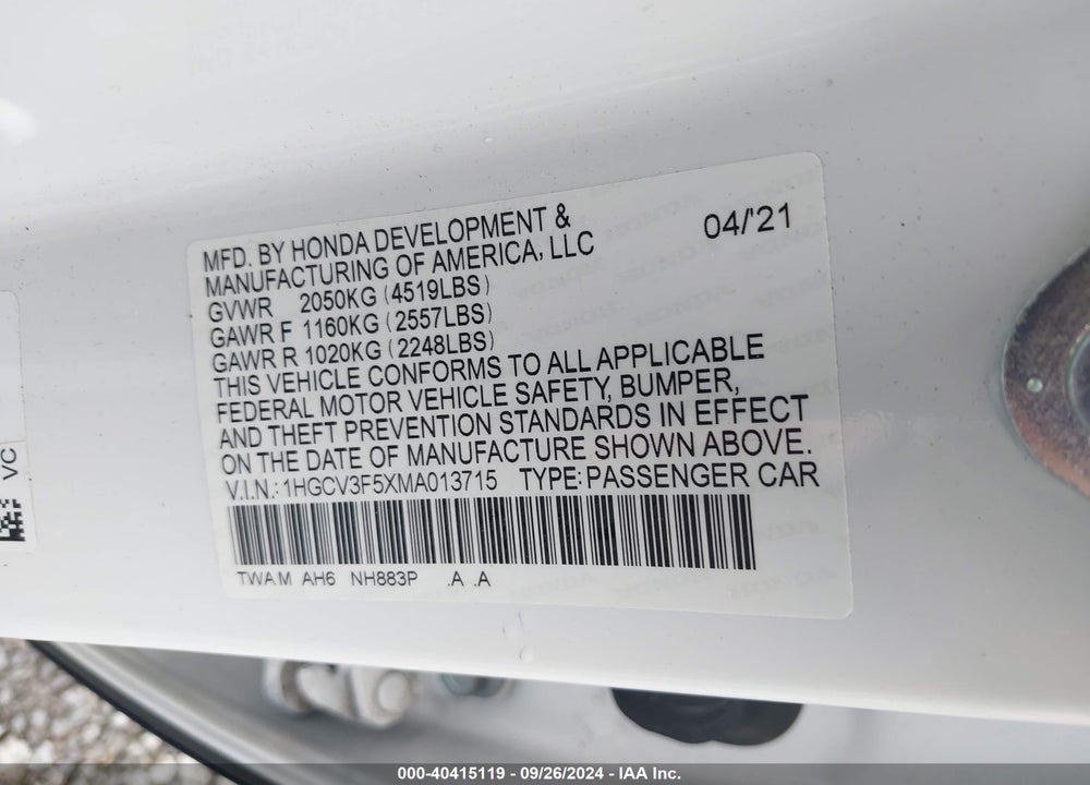 2021 HONDA ACCORD HYBRID EX-L VIN: 1HGCV3F5XMA013715