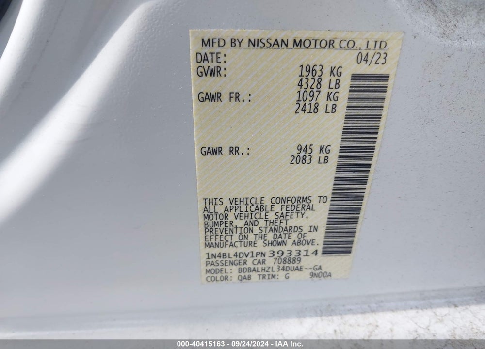2023 NISSAN ALTIMA SV FWD VIN: 1N4BL4DV1PN393314