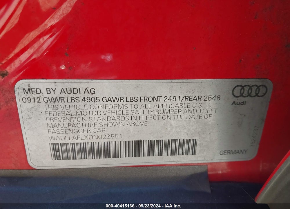 2013 AUDI A4 2.0T PREMIUM VIN: WAUFFAFLXDN023551