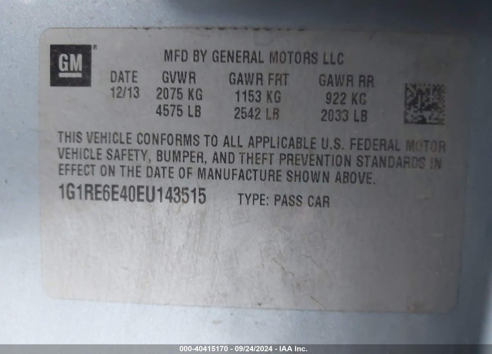 2014 CHEVROLET VOLT VIN: 1G1RE6E40EU143515