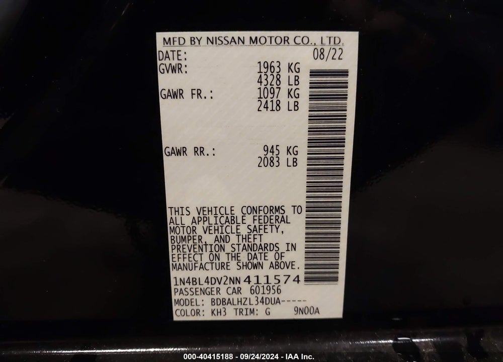 2022 NISSAN ALTIMA SV FWD VIN: 1N4BL4DV2NN411574