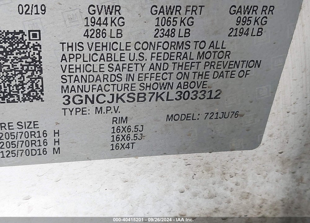 2019 CHEVROLET TRAX LS VIN: 3GNCJKSB7KL303312