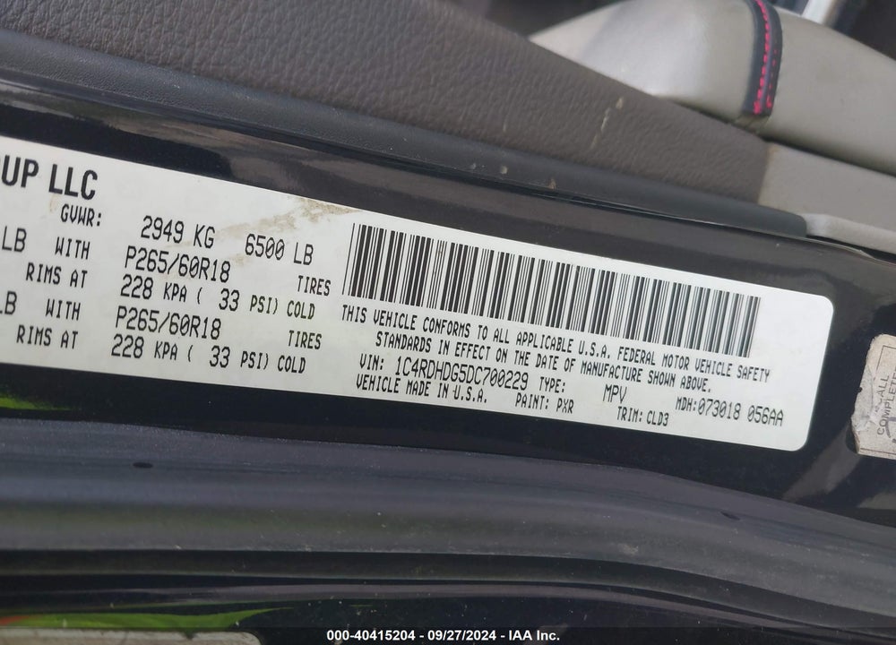 2013 DODGE DURANGO CREW VIN: 1C4RDHDG5DC700229