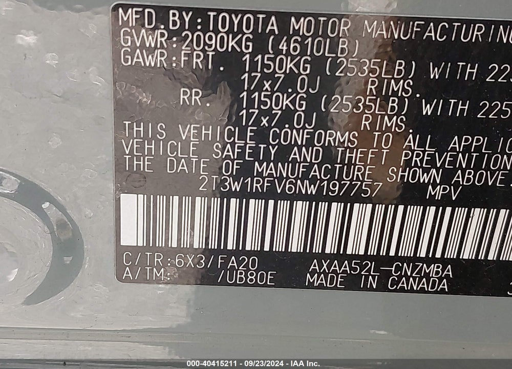 2022 TOYOTA RAV4 XLE VIN: 2T3W1RFV6NW197757